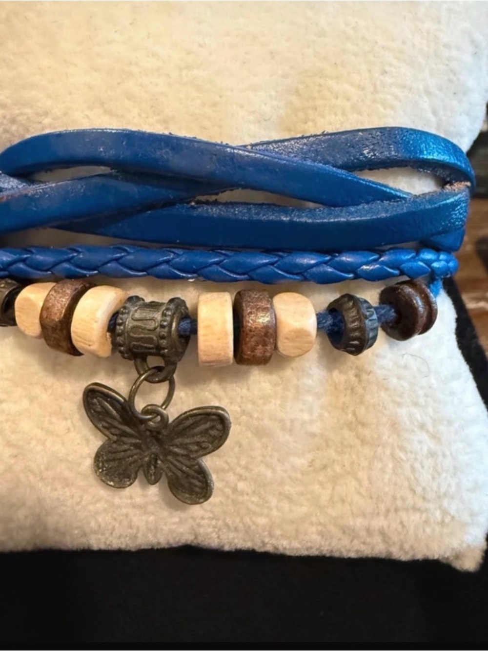 Blue Leather Multi-Strand Bracelet with Butterfly Charm